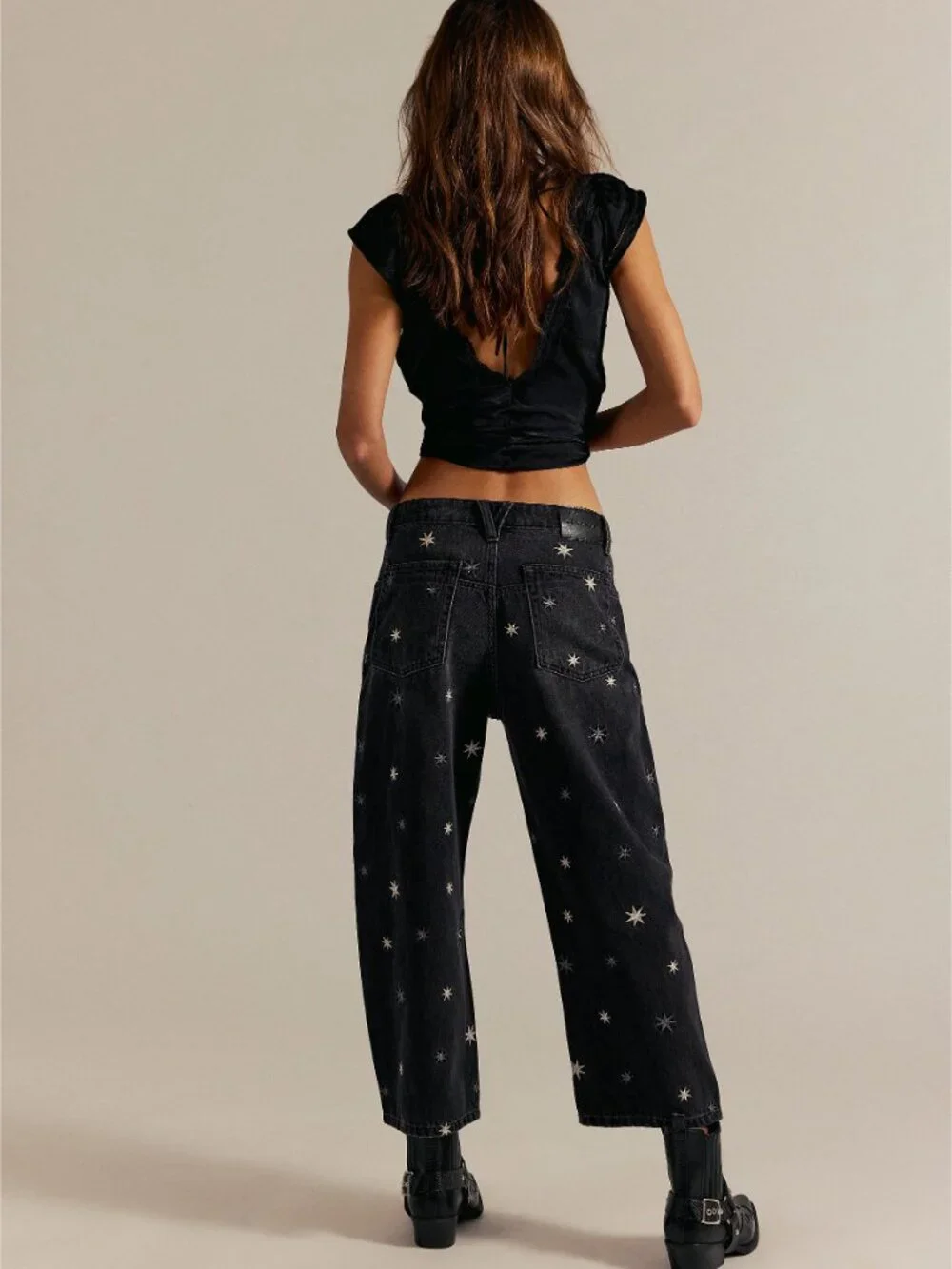 New Free People Black Boyfriend Jeans with Star Embroidery - Picture 4 of 4